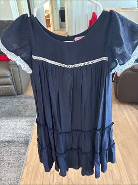 Navy Lace-Trim Tiered Girls Casual Dress